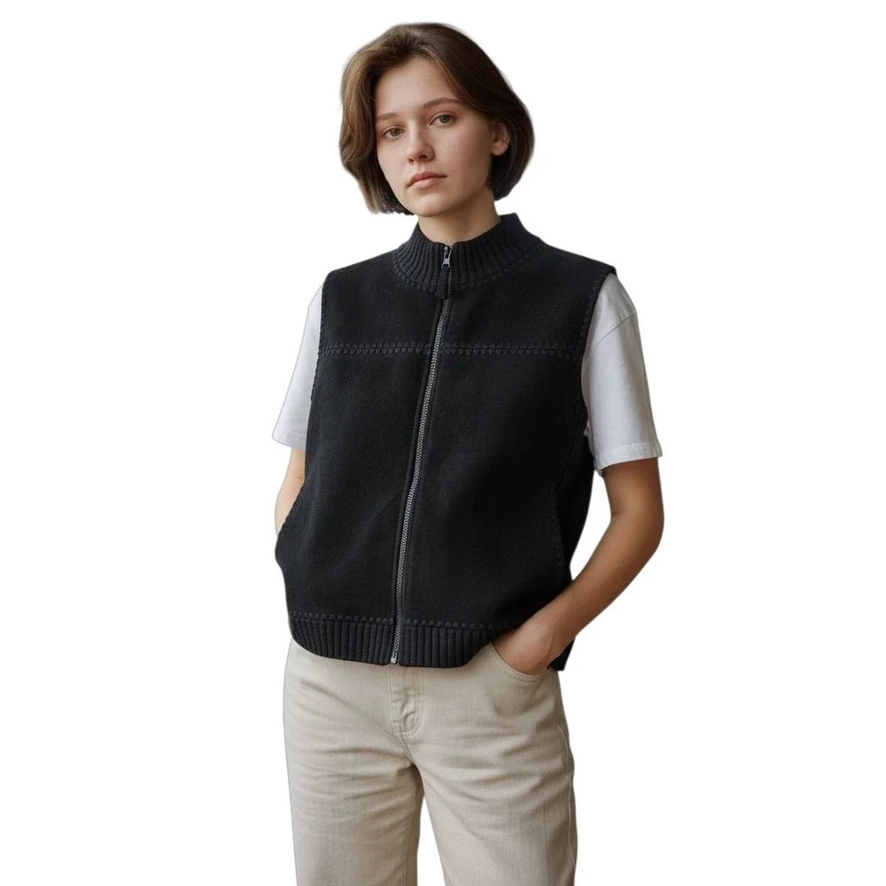 St Johns Bay Black Suede Leather Knit‎ Mock Neck Zip Vest Petite XL